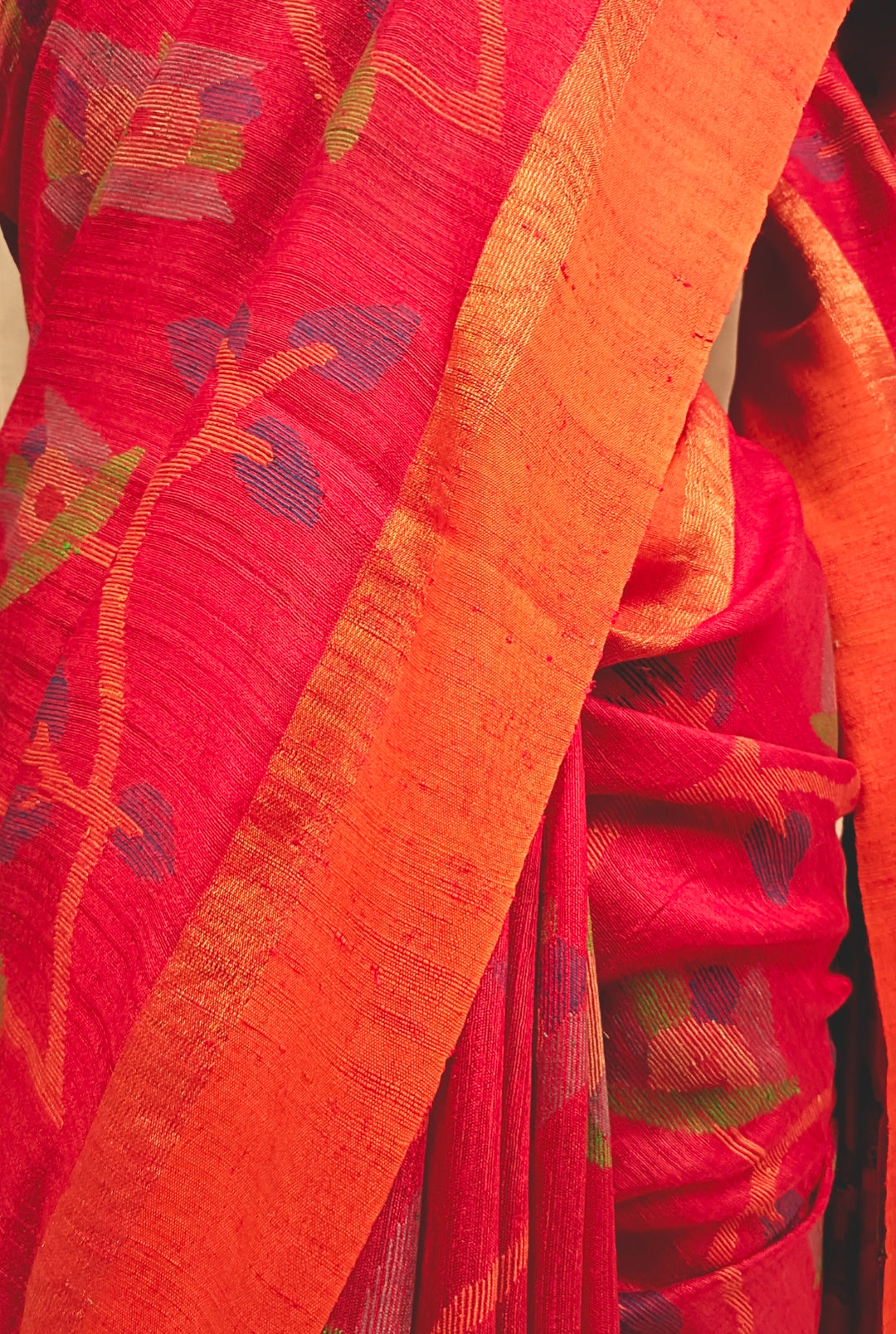 Red Designer Handloom Matka Silk Jamdani Saree Balaram Saha