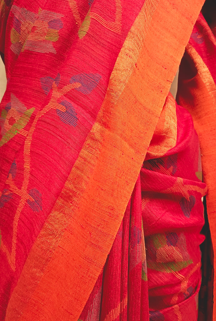 Red Designer Handloom Matka Silk Jamdani Saree Balaram Saha