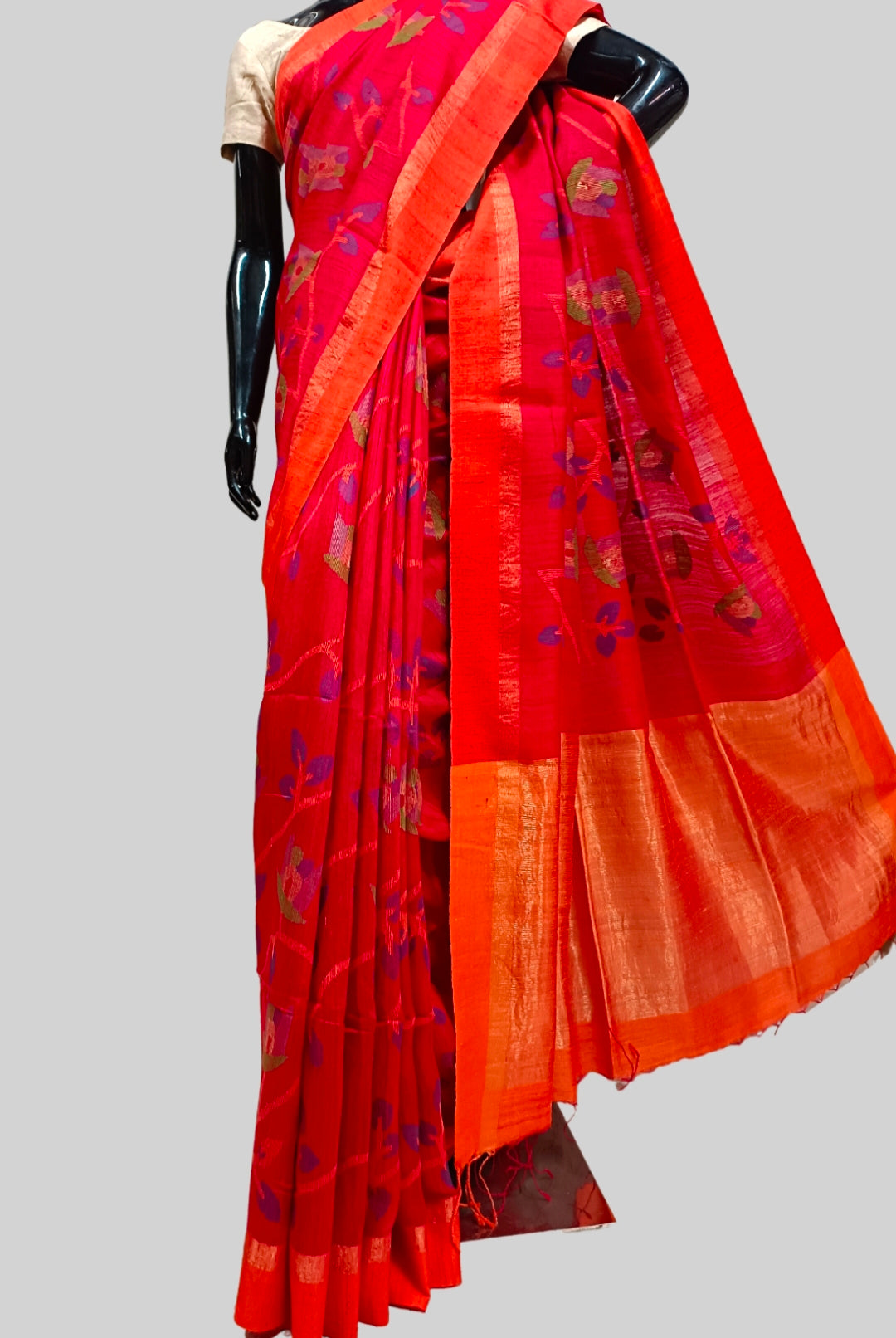 Red Designer Handloom Matka Silk Jamdani Saree Balaram Saha