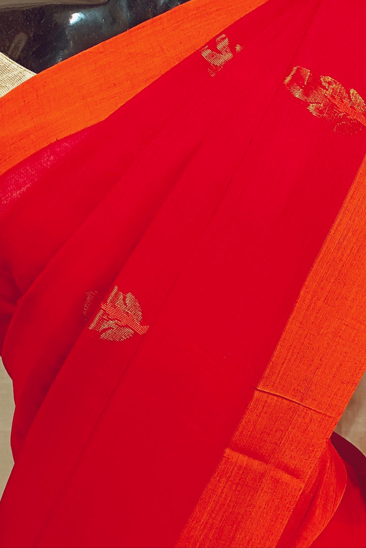Red and Orange Soft Handloom Cotton Saree Balaram Saha