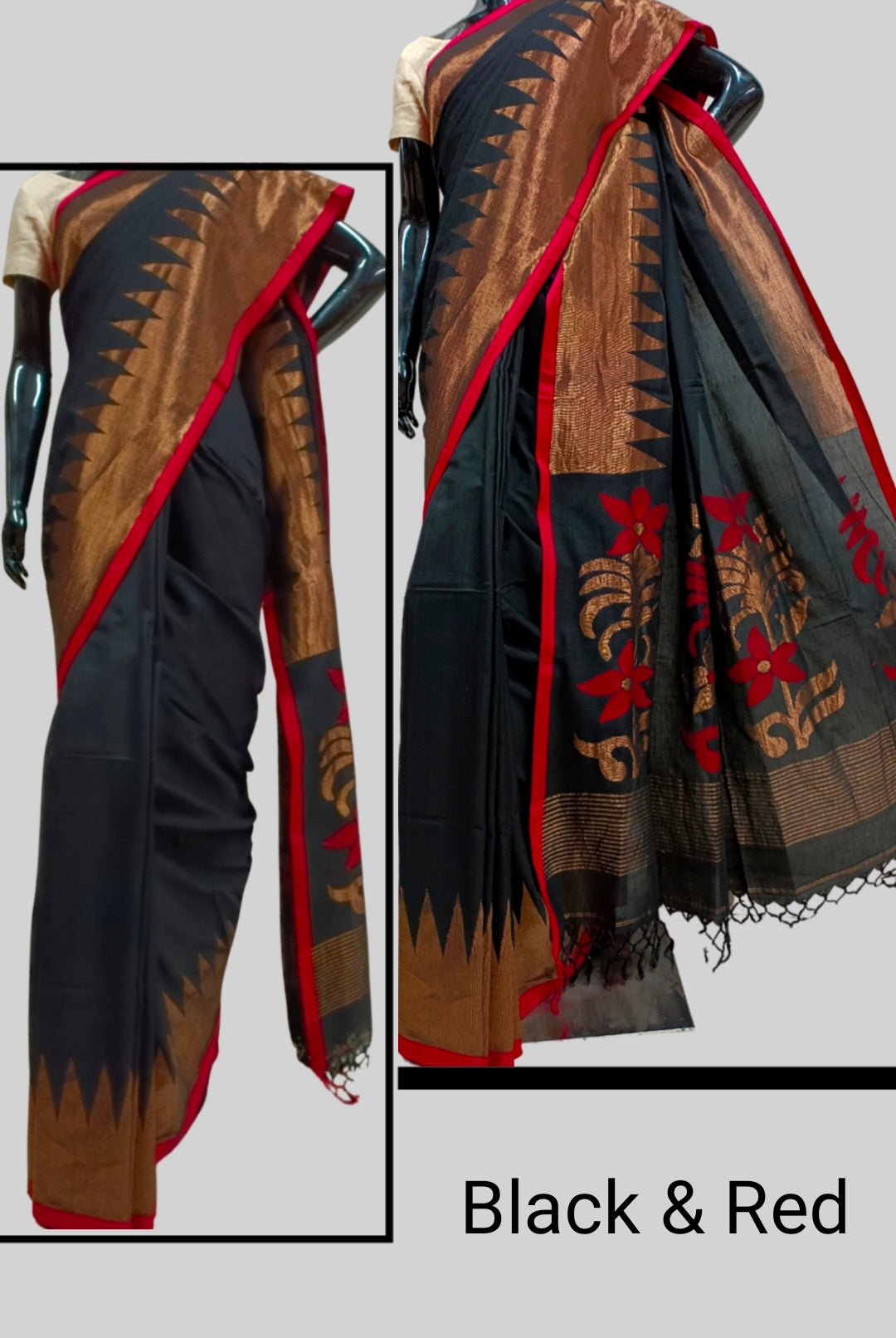 Handloom Soft Cotton Saree by Balaram Saha – Navy Blue & Red Tradition