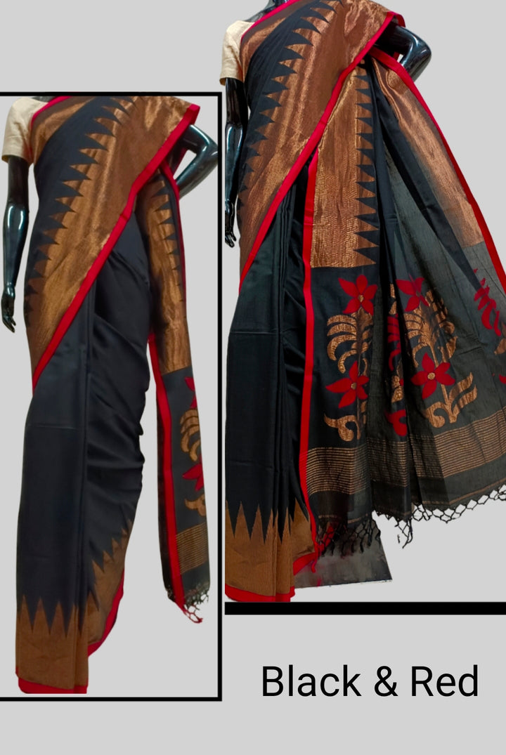 Handloom Soft Cotton Saree by Balaram Saha – Navy Blue & Red Tradition