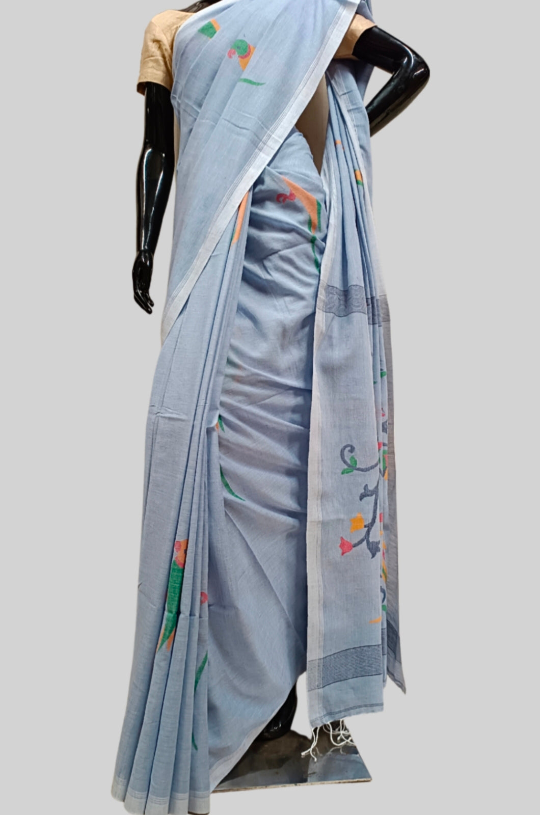 Light Blue Handspun Cotton Jamdani Saree Balaram Saha