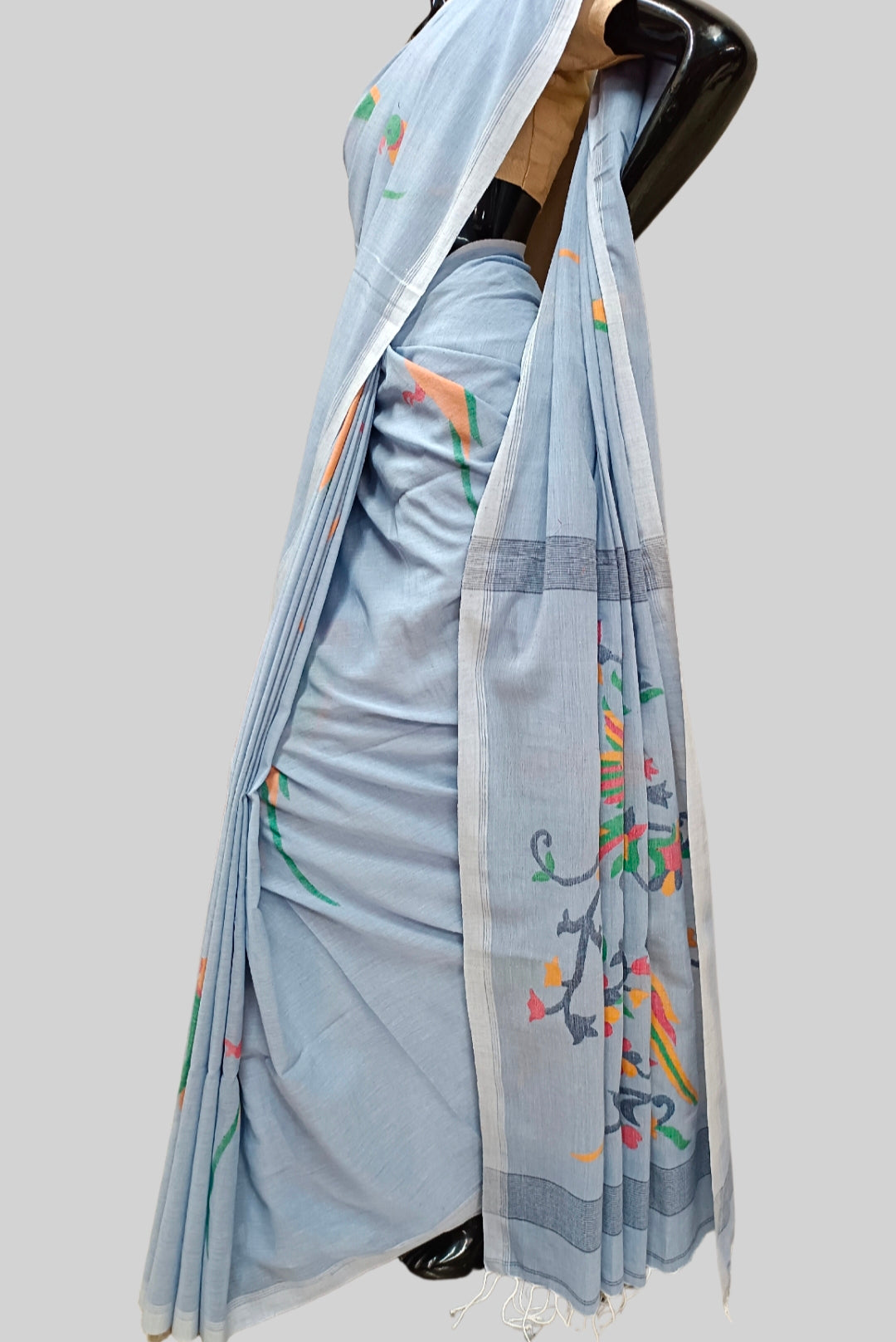 Light Blue Handspun Cotton Jamdani Saree Balaram Saha
