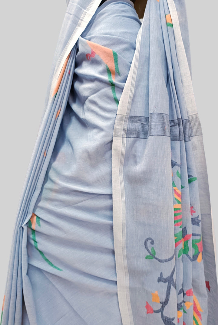 Light Blue Handspun Cotton Jamdani Saree Balaram Saha