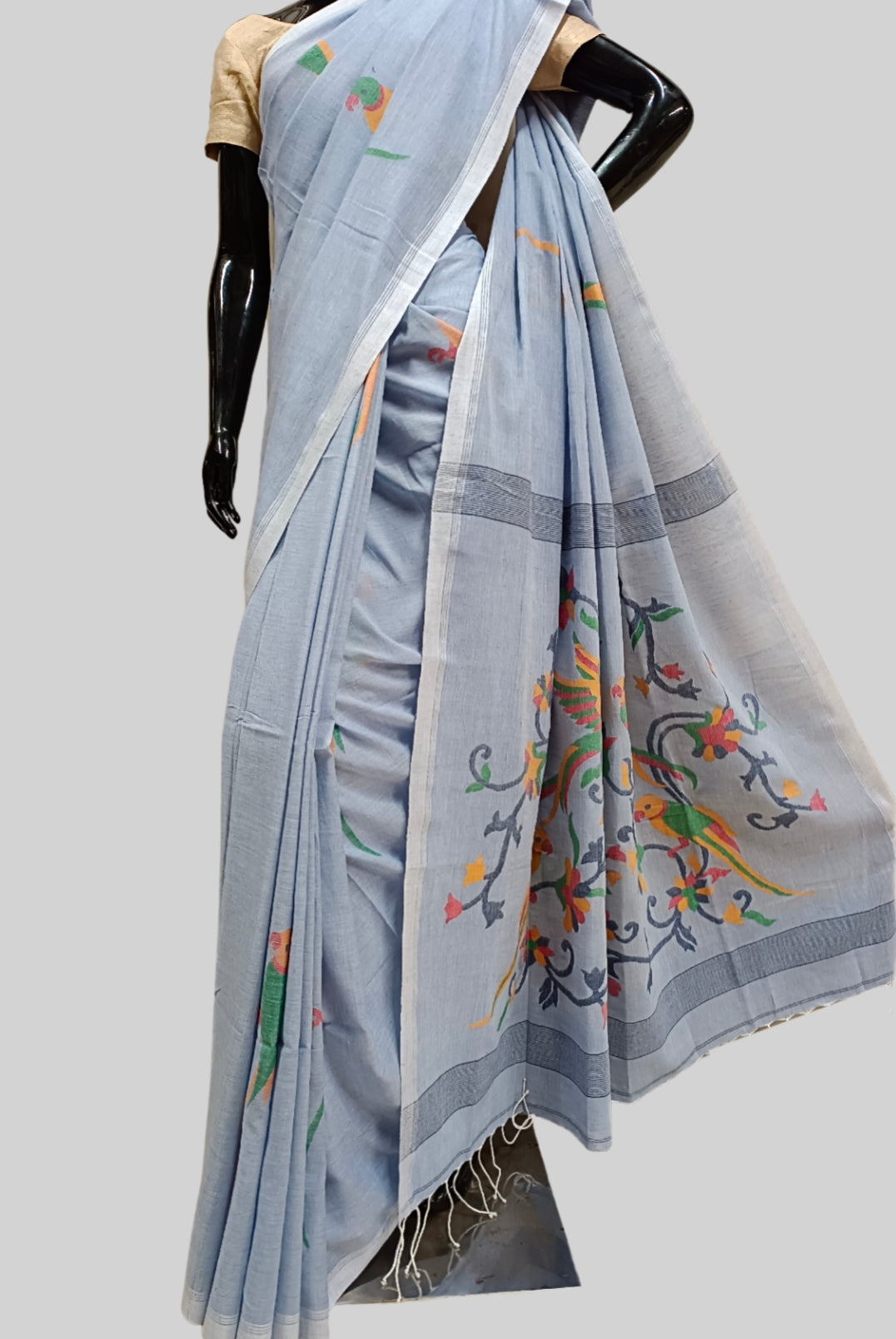 Light Blue Handspun Cotton Jamdani Saree Balaram Saha