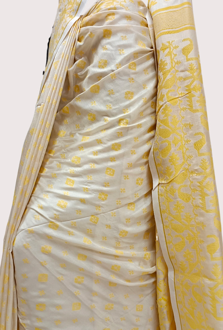 CREAM AND YELLOW KATAN SILK SAREE Balaram Saha