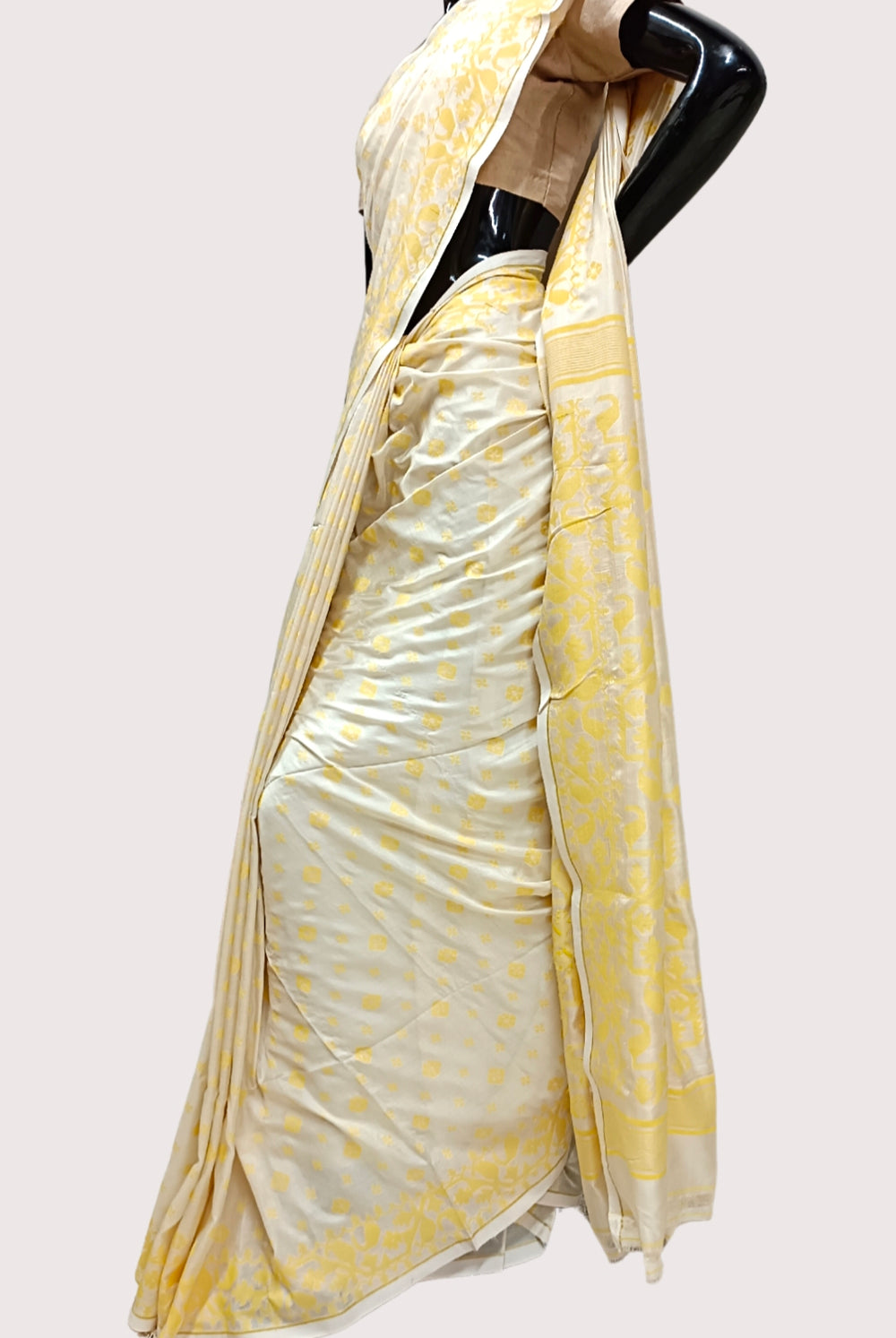 CREAM AND YELLOW KATAN SILK SAREE Balaram Saha