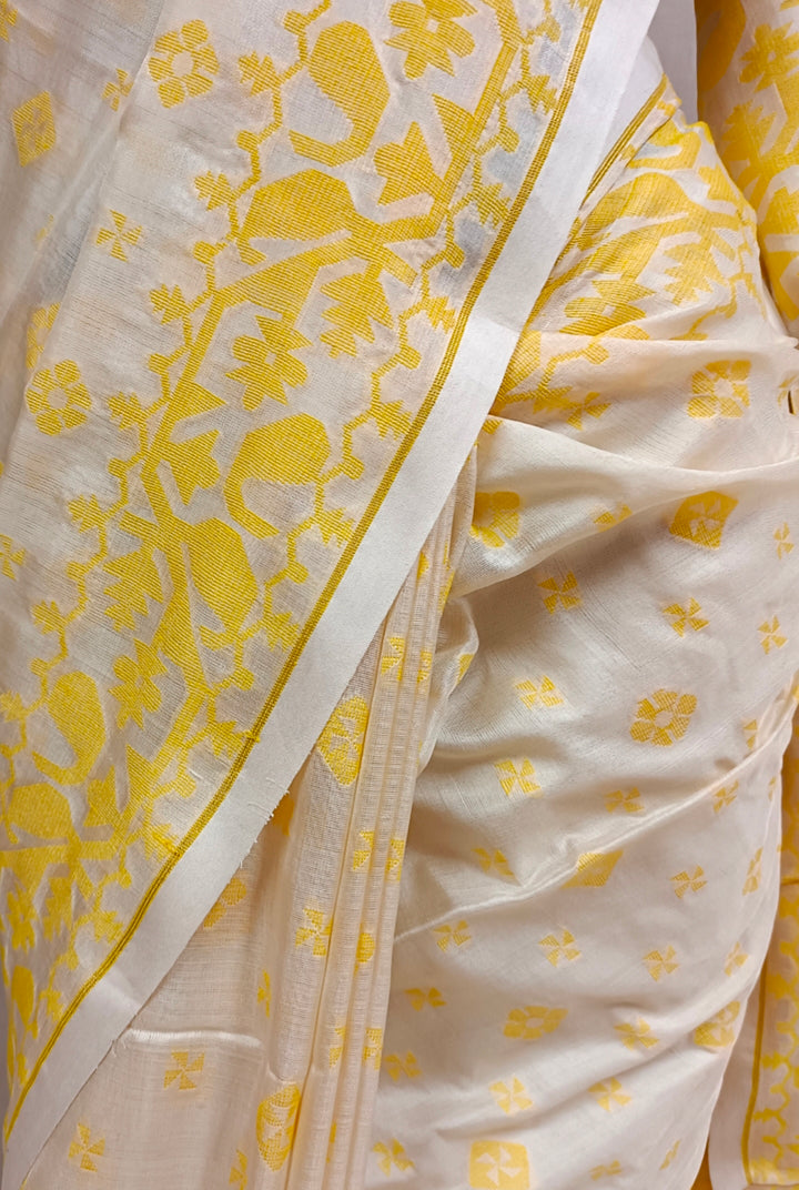 CREAM AND YELLOW KATAN SILK SAREE Balaram Saha