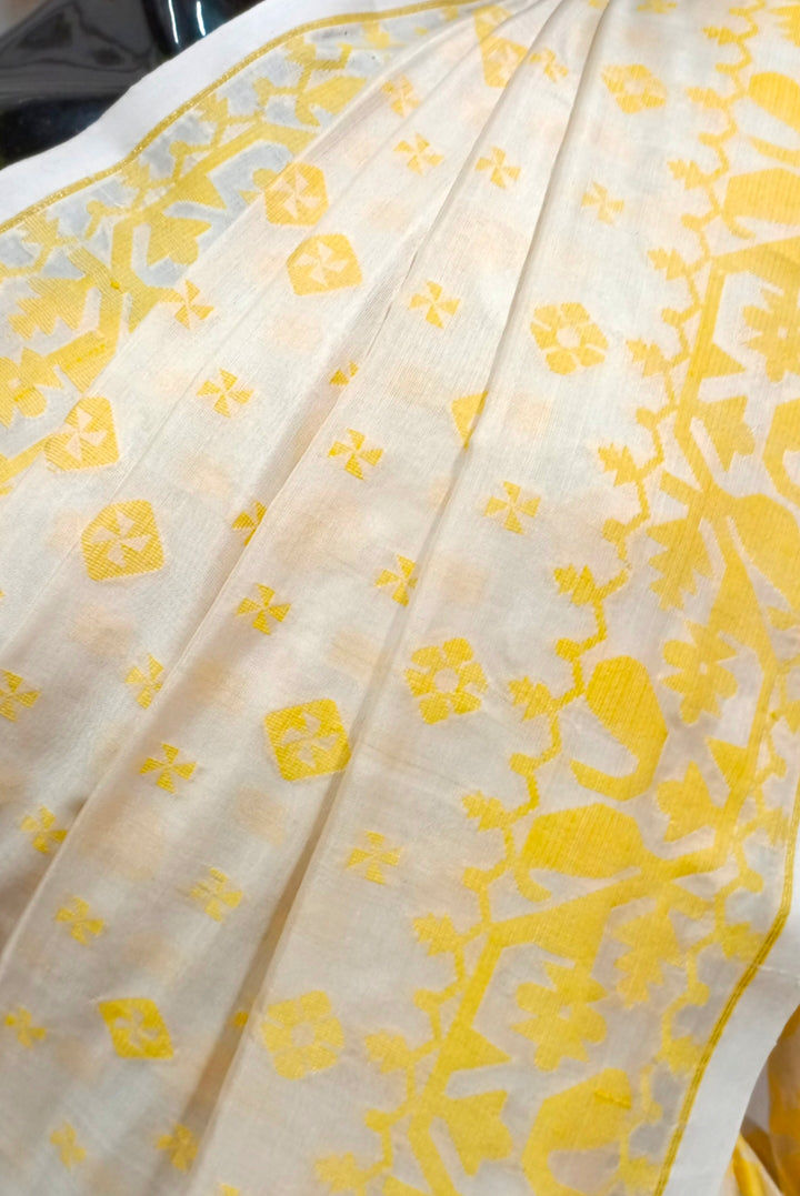CREAM AND YELLOW KATAN SILK SAREE Balaram Saha