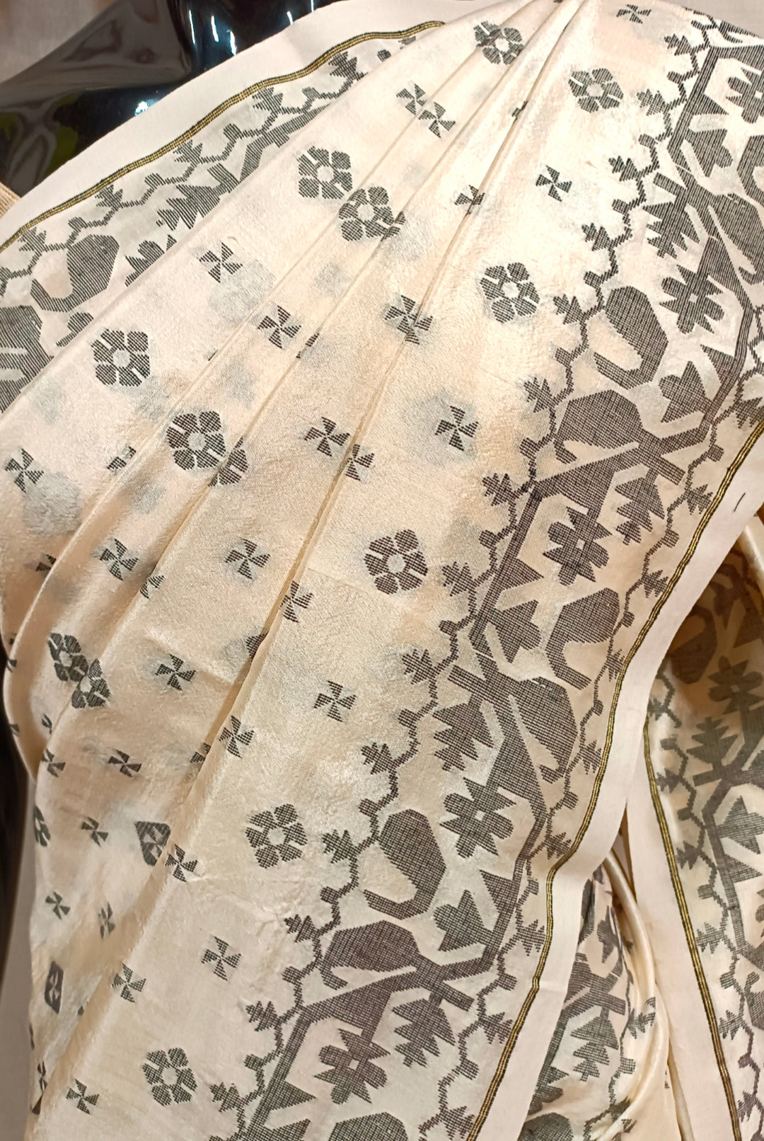 CREAM AND BLACK KATAN SILK SAREE Balaram Saha