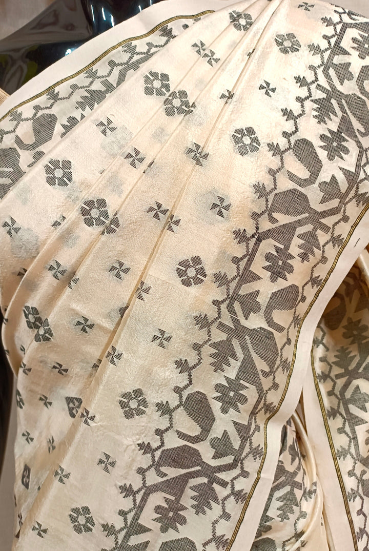 CREAM AND BLACK KATAN SILK SAREE Balaram Saha
