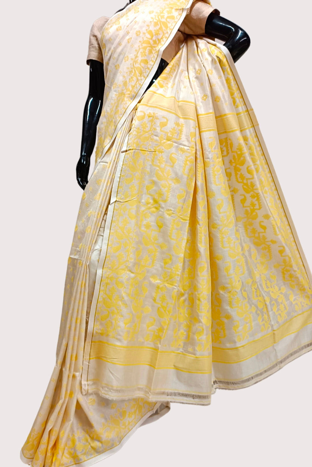 CREAM AND YELLOW KATAN SILK SAREE Balaram Saha