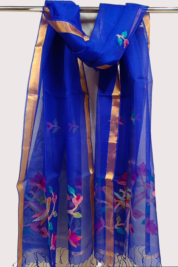 Royal Blue Handloom Muslin Silk Jamdani Dupatta Balaram Saha