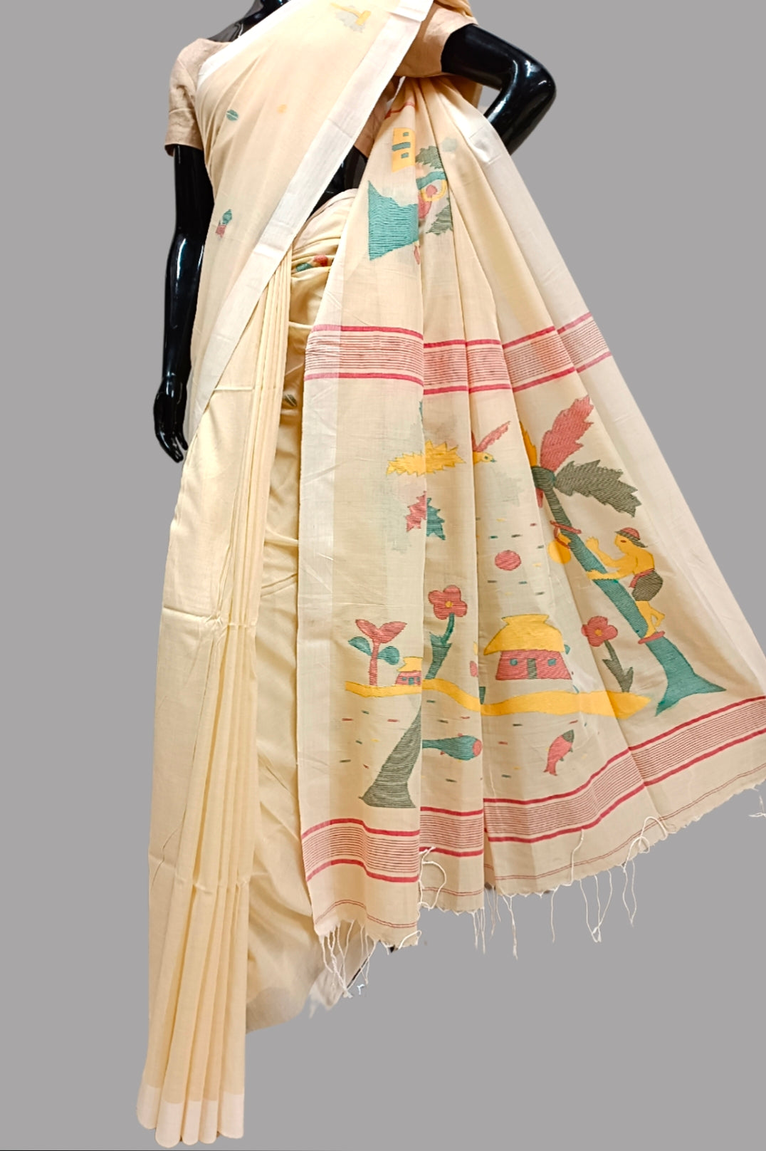 LIGHT YELLOW SOFT HANDLOOM COTTON JAMDANI SAREE Balaram Saha