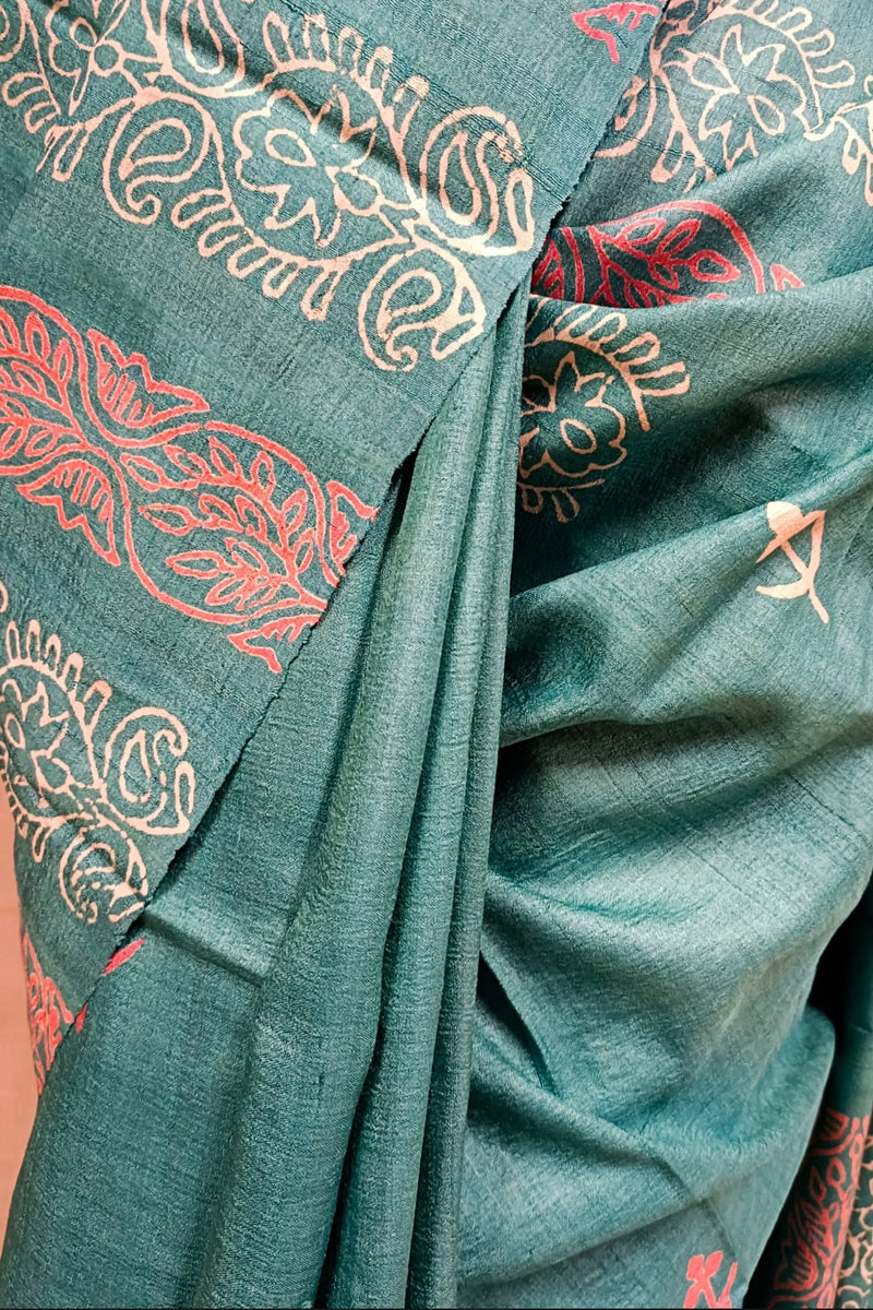 Sea-Green Handloom Hand Block Print Tussar Silk Saree Balaram Saha
