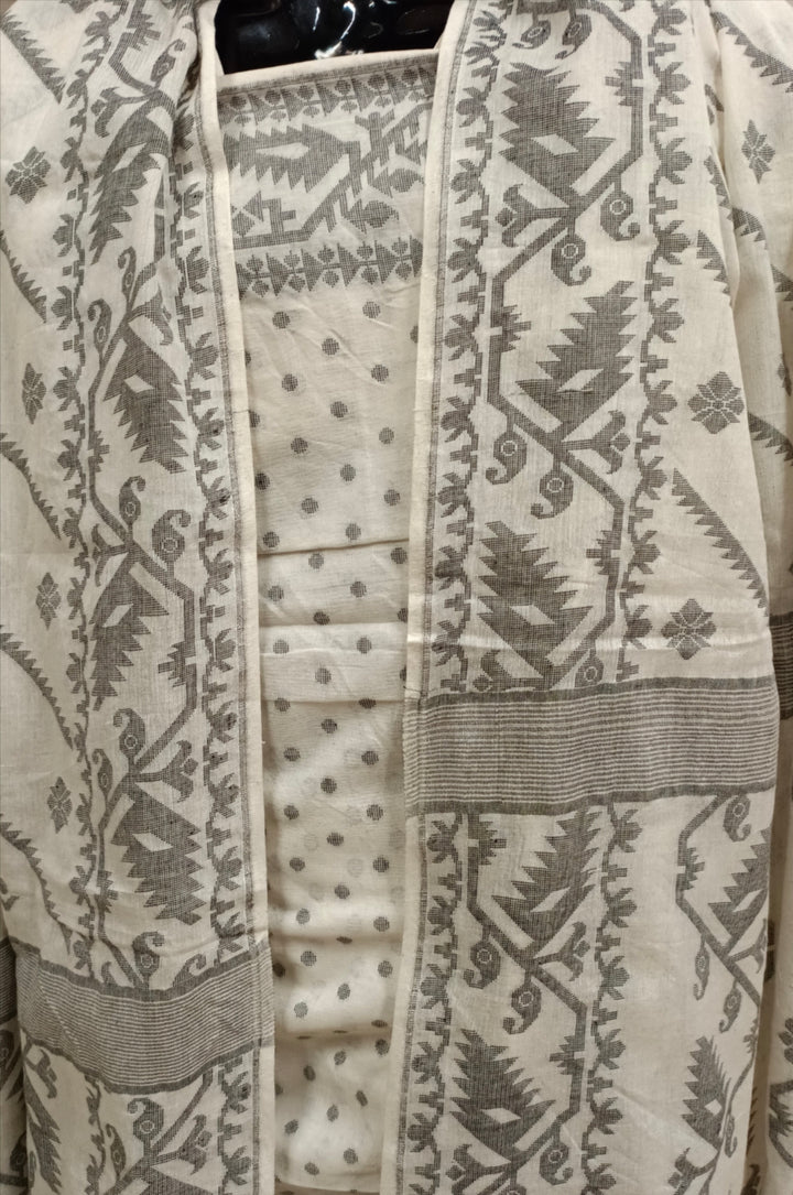 Off-White & Black Soft Cotton 2 Piece Dhakai Set Balaram Saha