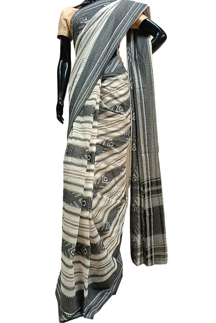 Off-White Handloom Traditional Dhonekali Saree Balaram Saha