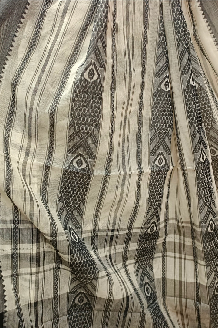 Off-White Handloom Traditional Dhonekali Saree Balaram Saha