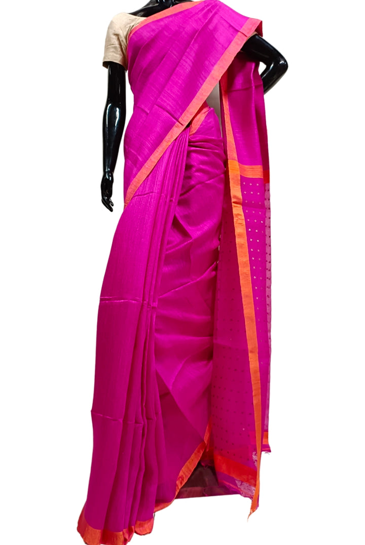 Rani-Pink Matka Silk Saree With Handwoven Sequin Anchal Balaram Saha