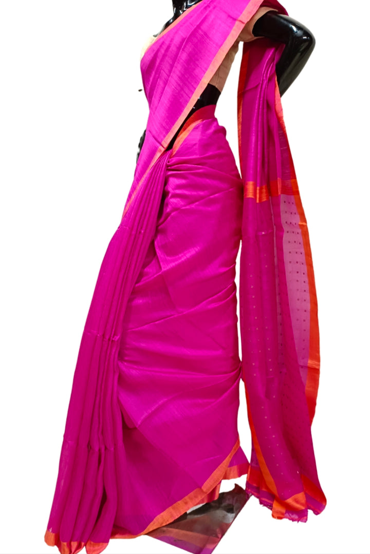 Rani-Pink Matka Silk Saree With Handwoven Sequin Anchal Balaram Saha