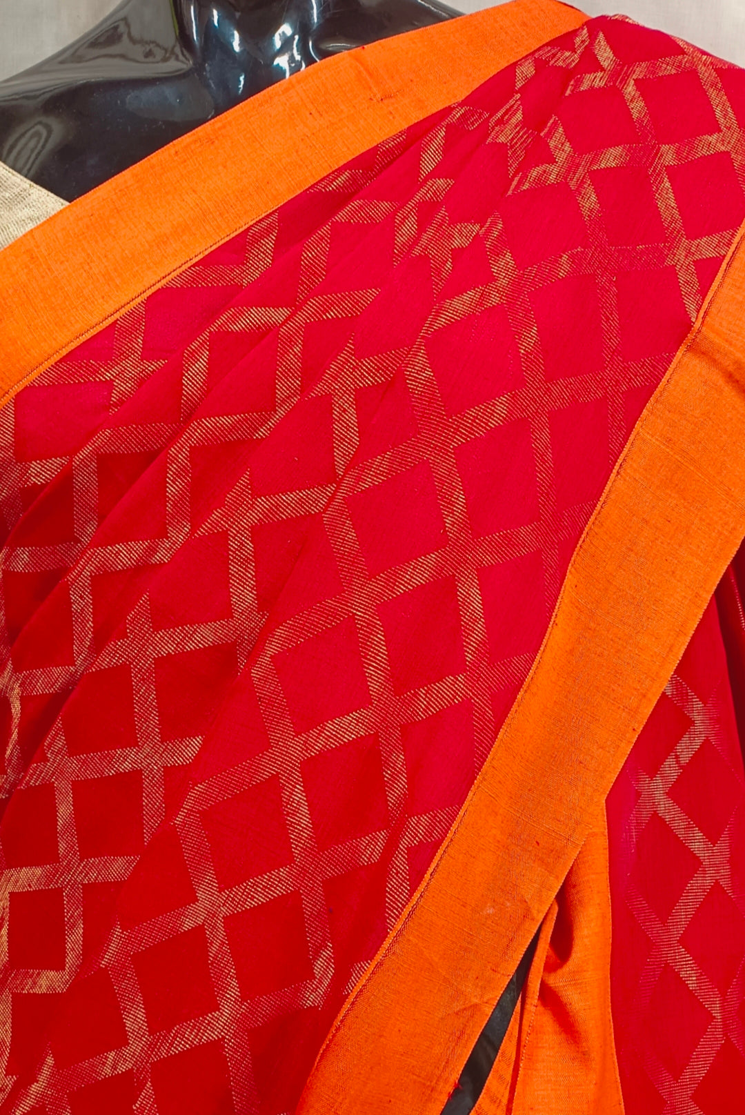 Red Handloom Soft Cotton Saree With Orang Border Balaram Saha