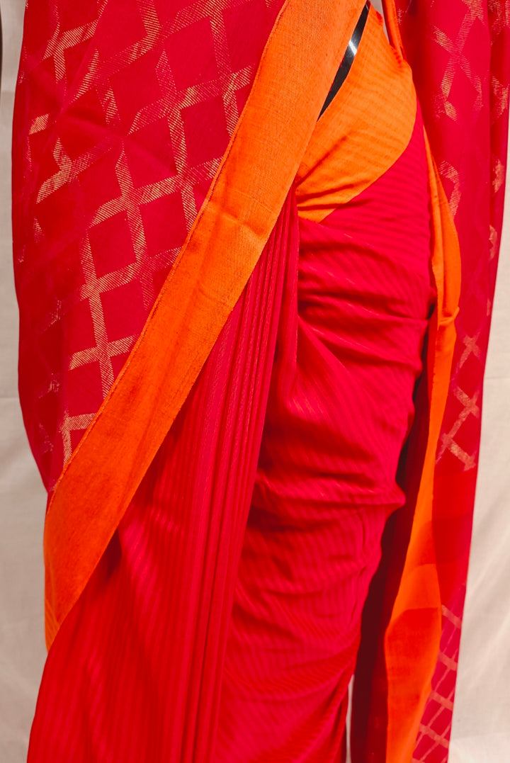 Red Handloom Soft Cotton Saree With Orang Border Balaram Saha