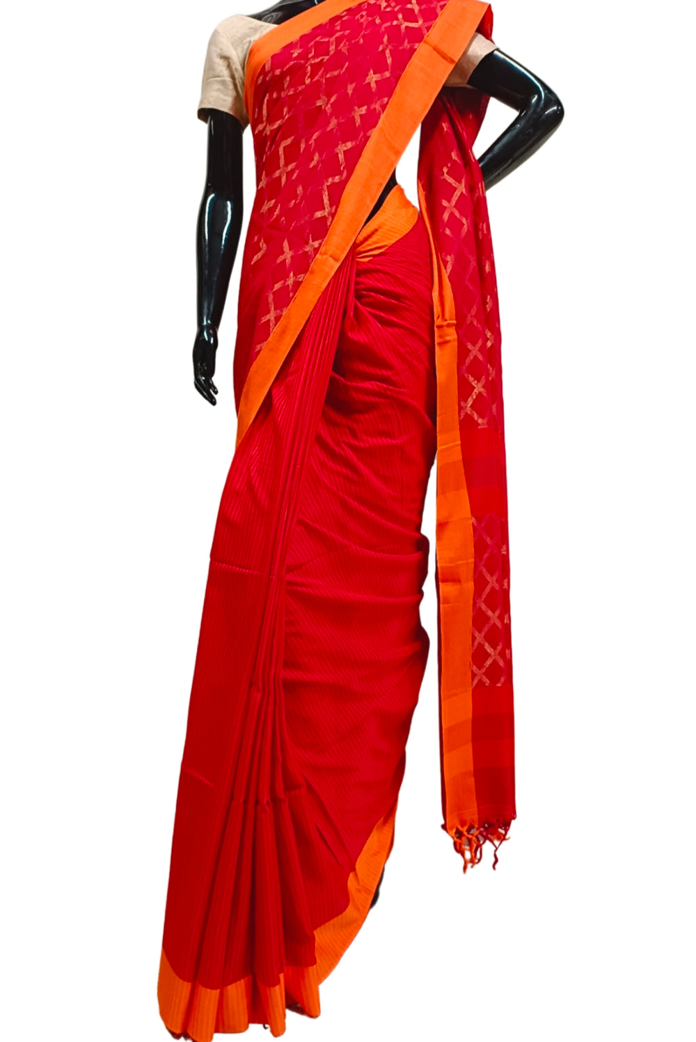 Red Handloom Soft Cotton Saree With Orang Border Balaram Saha