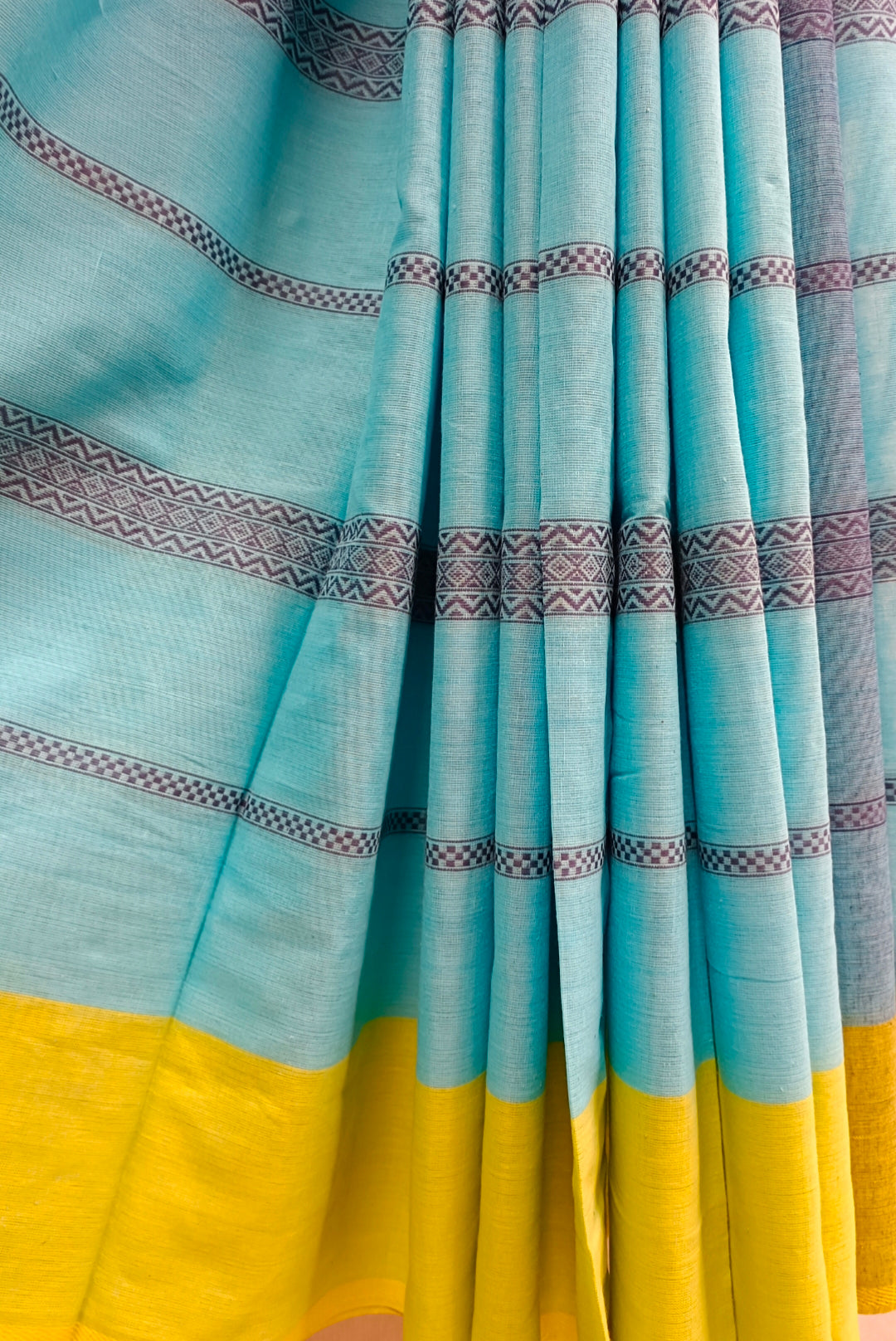 Sky Blue & Yellow Handloom Traditional Dhonekali Saree Balaram Saha