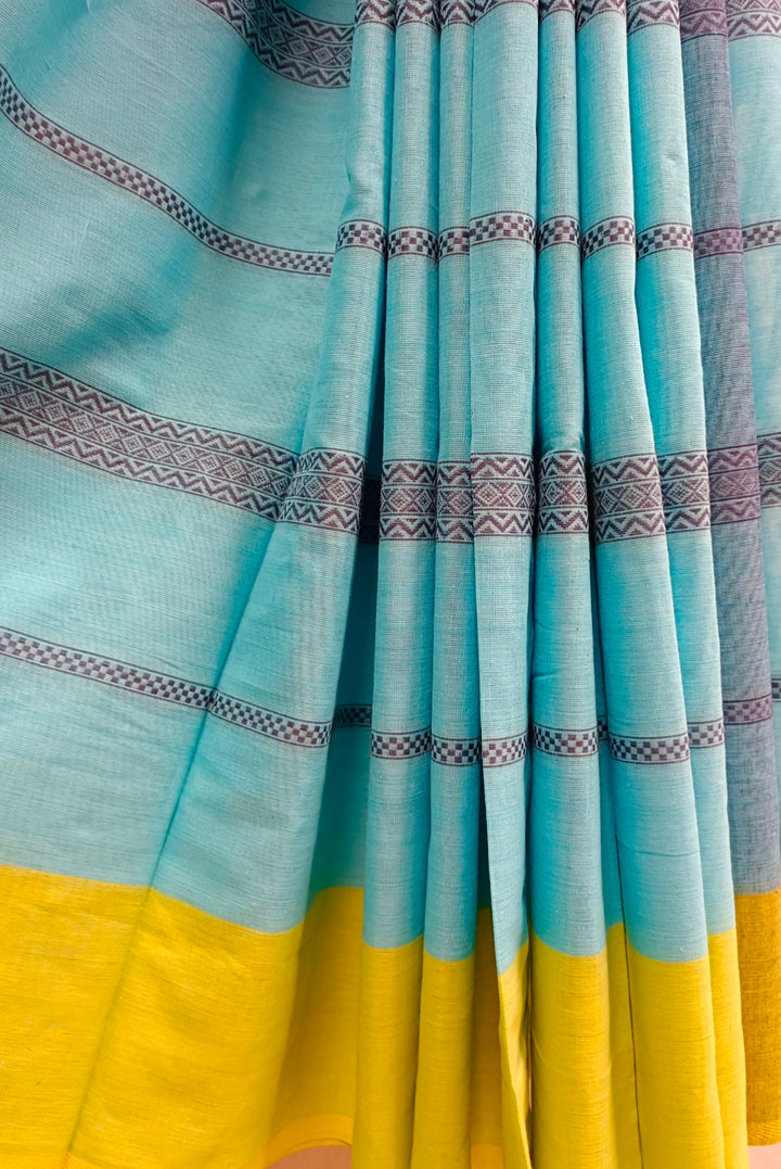 Sky Blue & Yellow Handloom Traditional Dhonekali Saree Balaram Saha
