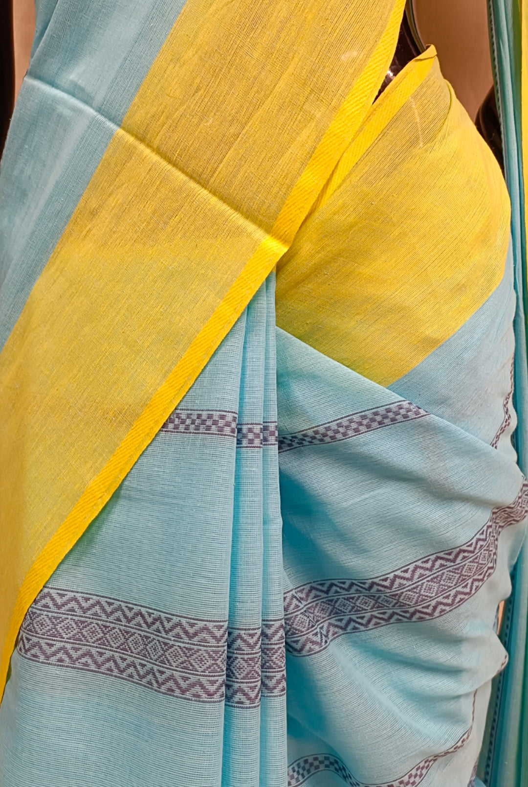 Sky Blue & Yellow Handloom Traditional Dhonekali Saree Balaram Saha