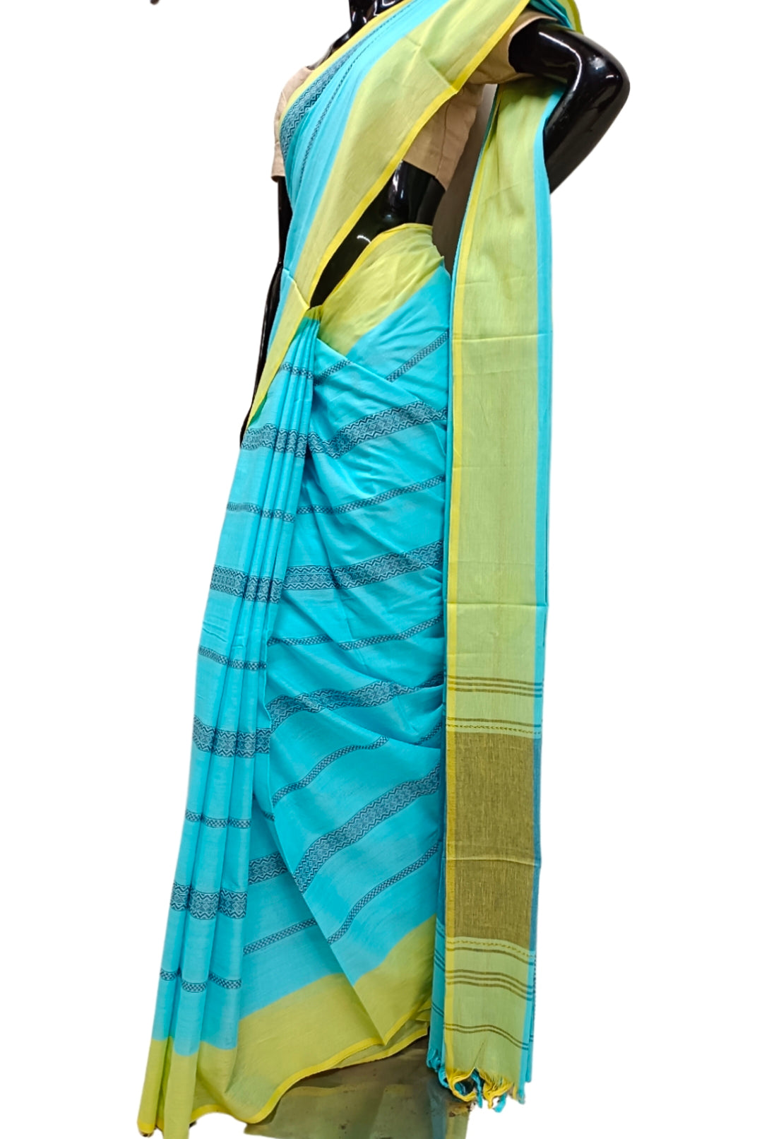 Sky Blue & Yellow Handloom Traditional Dhonekali Saree Balaram Saha