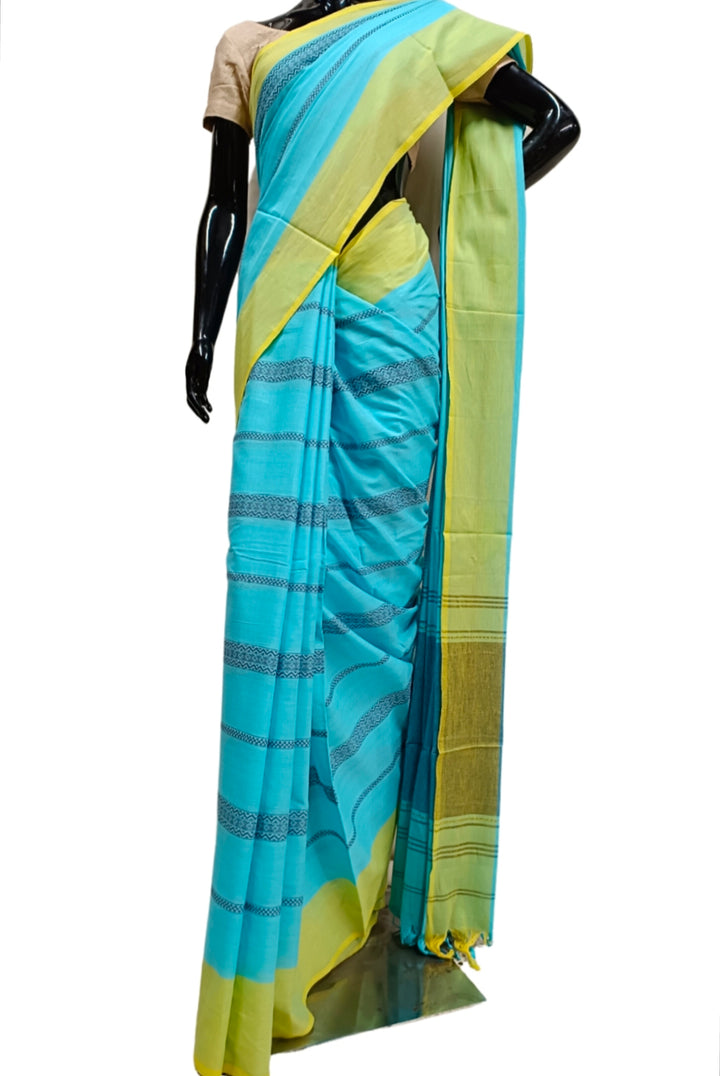 Sky Blue & Yellow Handloom Traditional Dhonekali Saree Balaram Saha