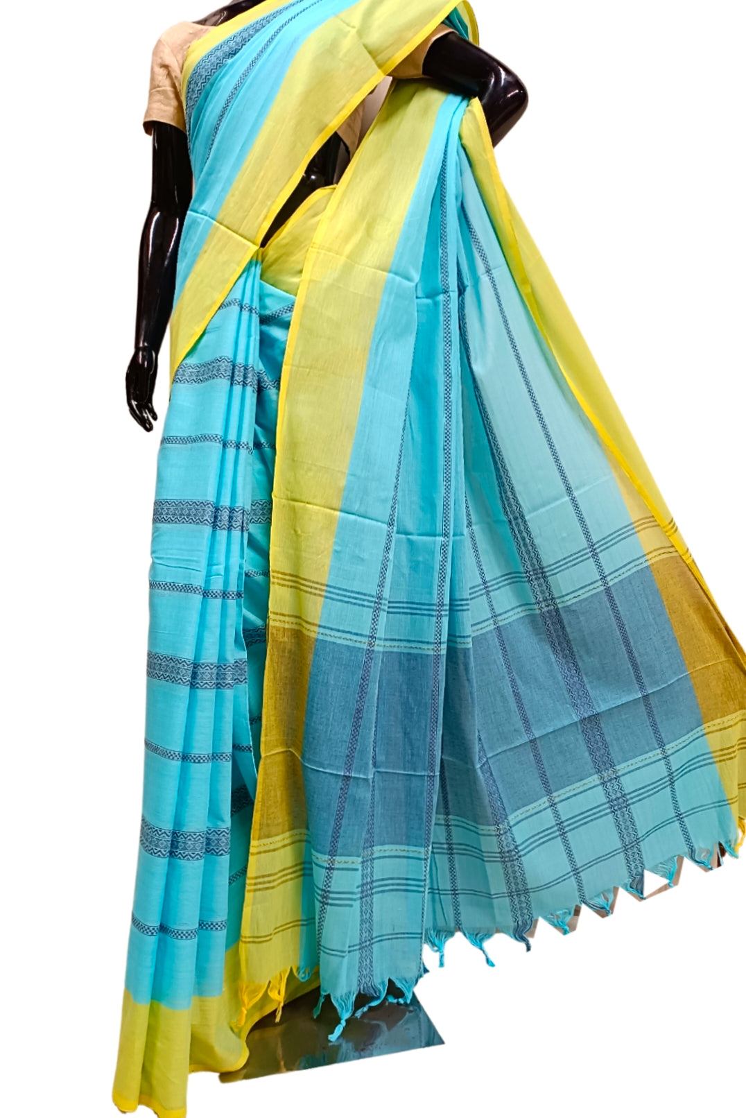 Sky Blue & Yellow Handloom Traditional Dhonekali Saree Balaram Saha