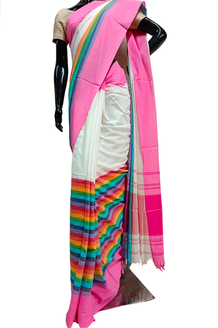 Off-White Soft Handloom Traditional Dhonekali Cotton Saree ( Rainbow Saree ) Balaram Saha