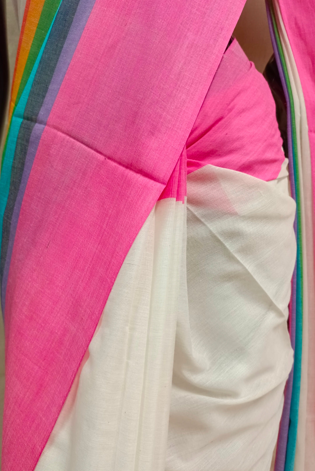 Off-White Soft Handloom Traditional Dhonekali Cotton Saree ( Rainbow Saree ) Balaram Saha