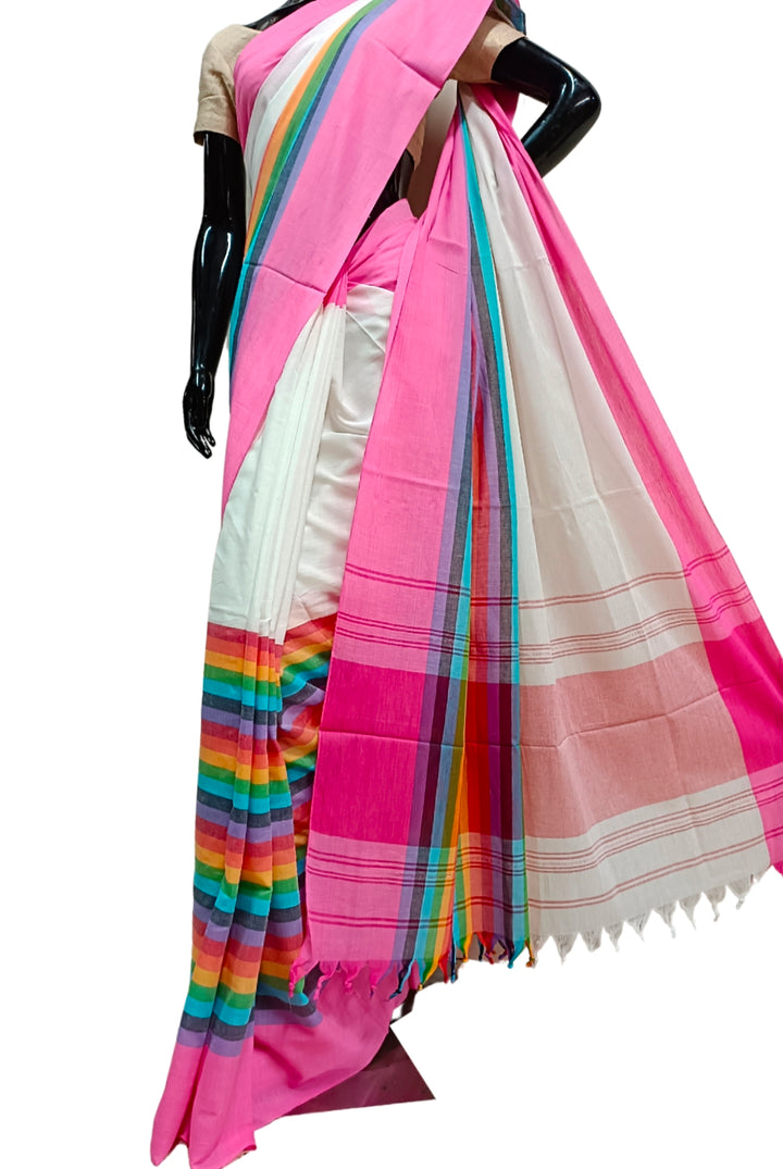 Off-White Soft Handloom Traditional Dhonekali Cotton Saree ( Rainbow Saree ) Balaram Saha