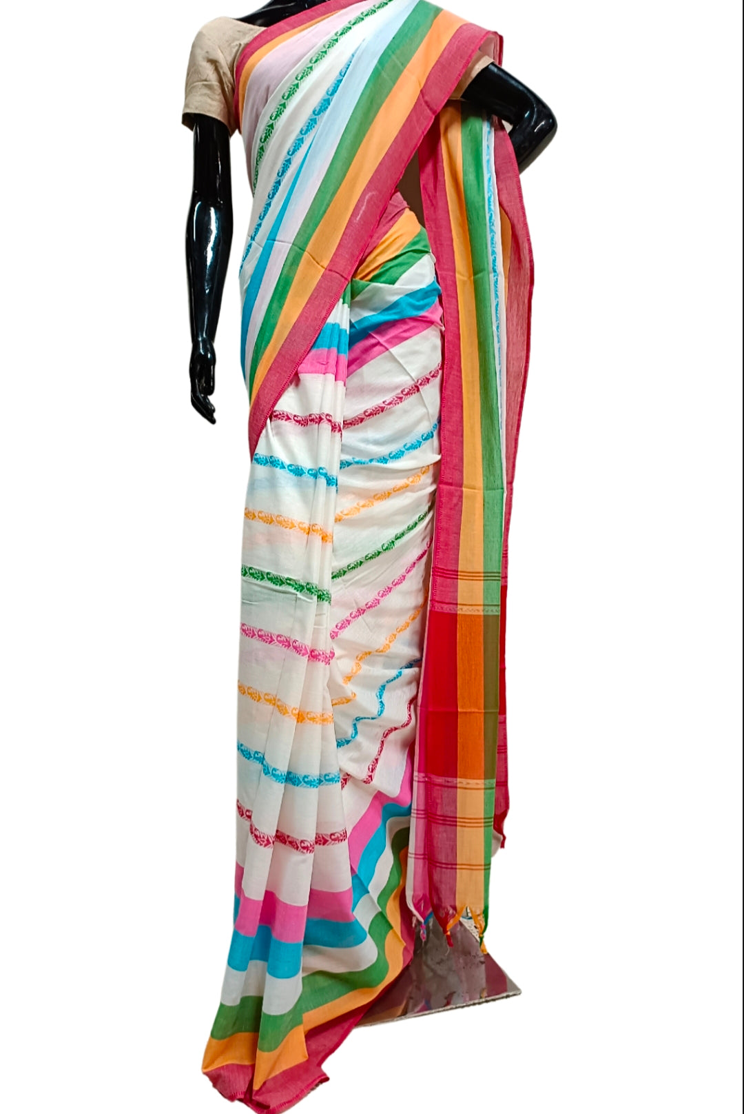 Off-White Soft Handloom Traditional Dhonekali Cotton Saree With Multicolour Stripes Balaram Saha