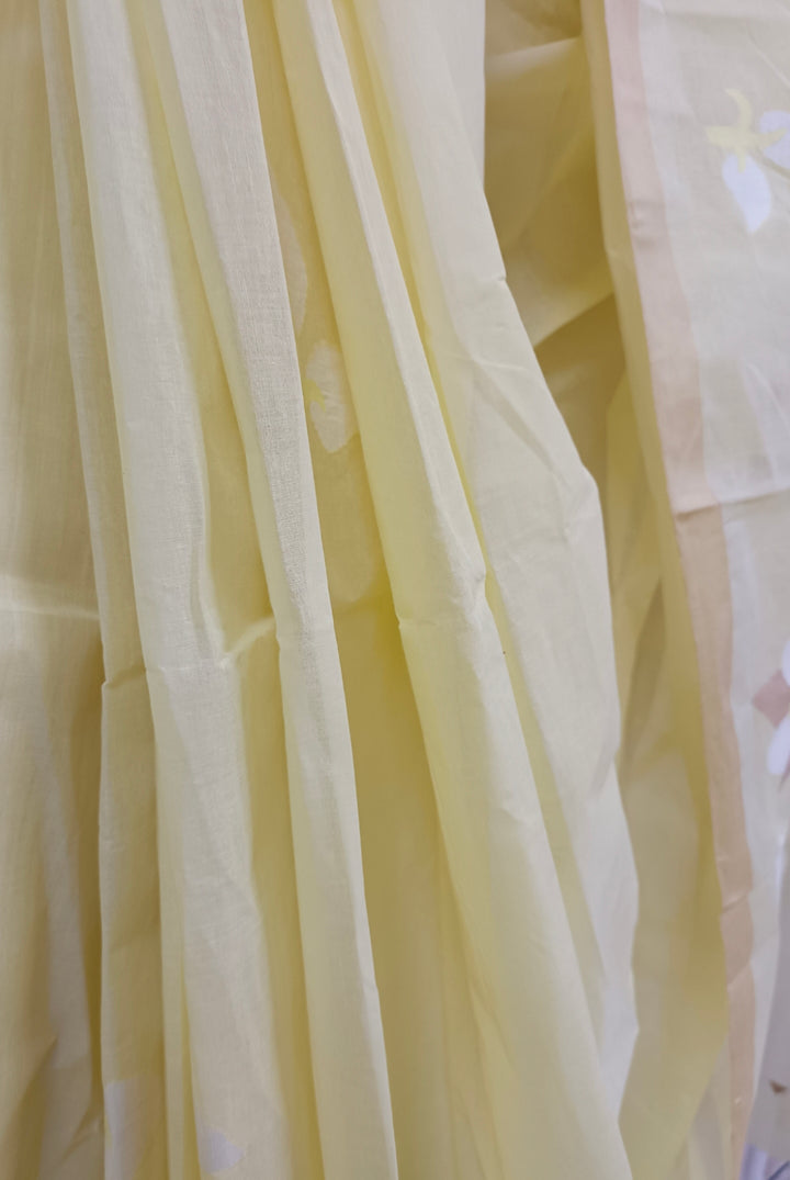 Light Yellow Handloom Traditional Cotton Dhakai Jamdani Saree Balaram Saha