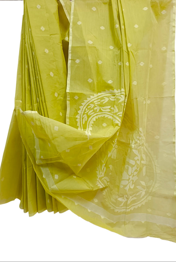 Lemon Green Handloom Traditional Cotton Handwoven Jamdani Saree Balaram Saha