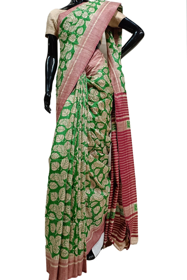 Beige & Green Handloom Ghicha Tussar Silk Printed Saree Balaram Saha