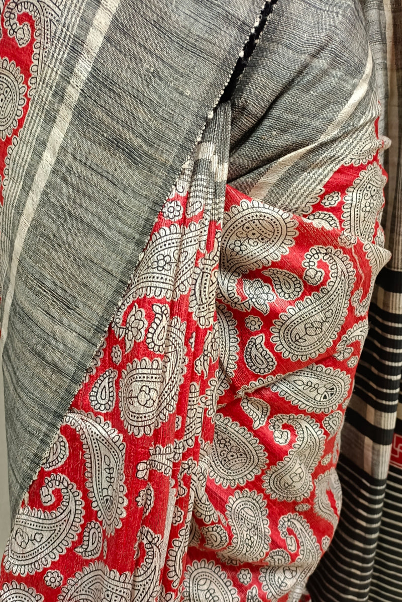 Red & Black Handloom Ghicha Tussar Silk Print Saree Balaram Saha