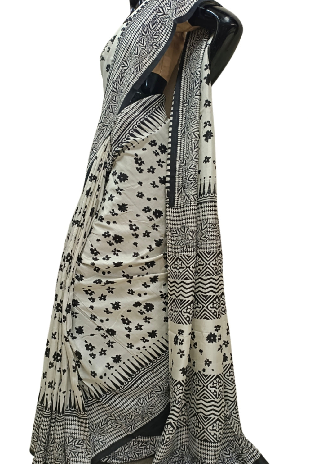 White & Black  Pure Bengal Silk With Handblock Print Saree Balaram Saha