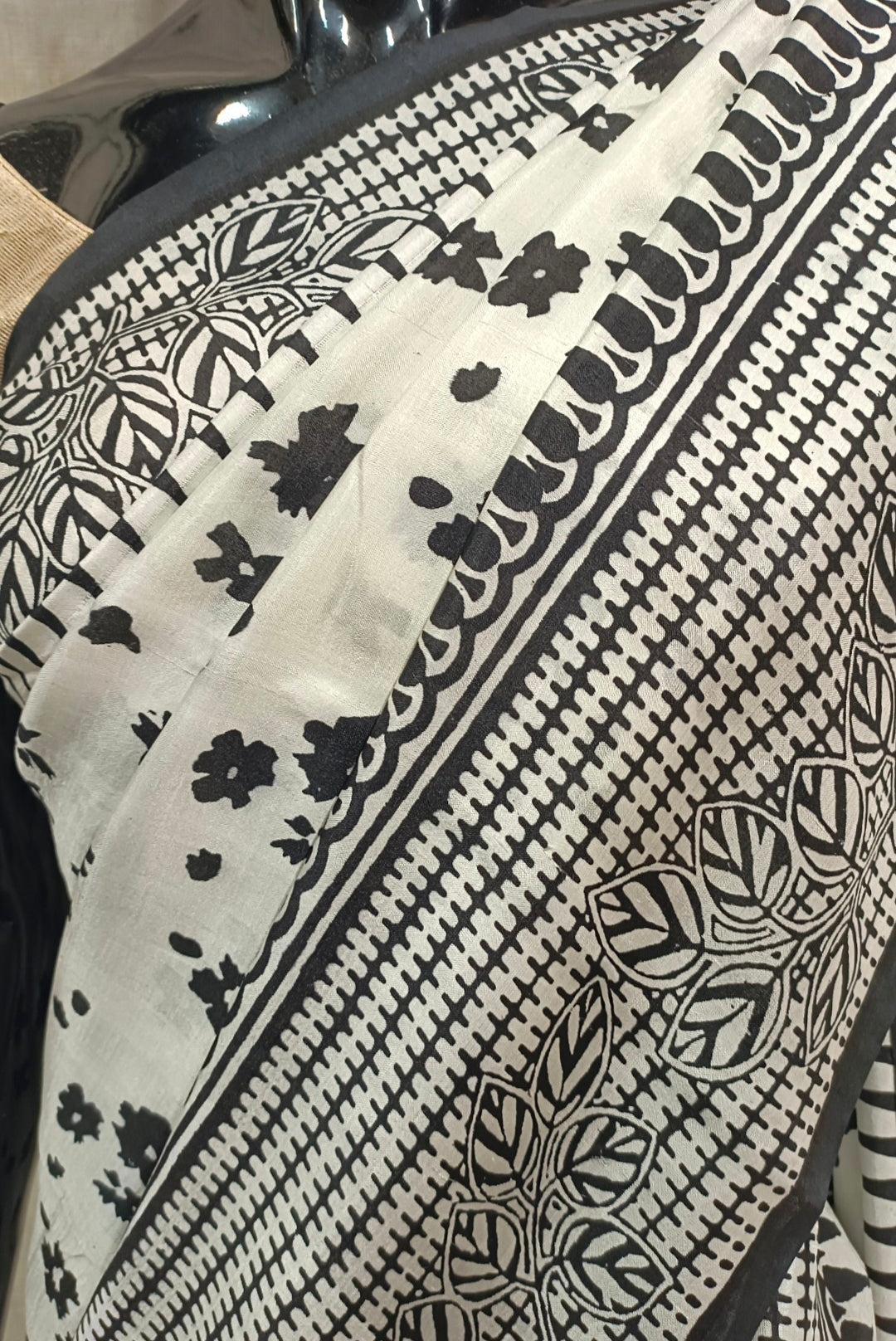 White & Black  Pure Bengal Silk With Handblock Print Saree Balaram Saha