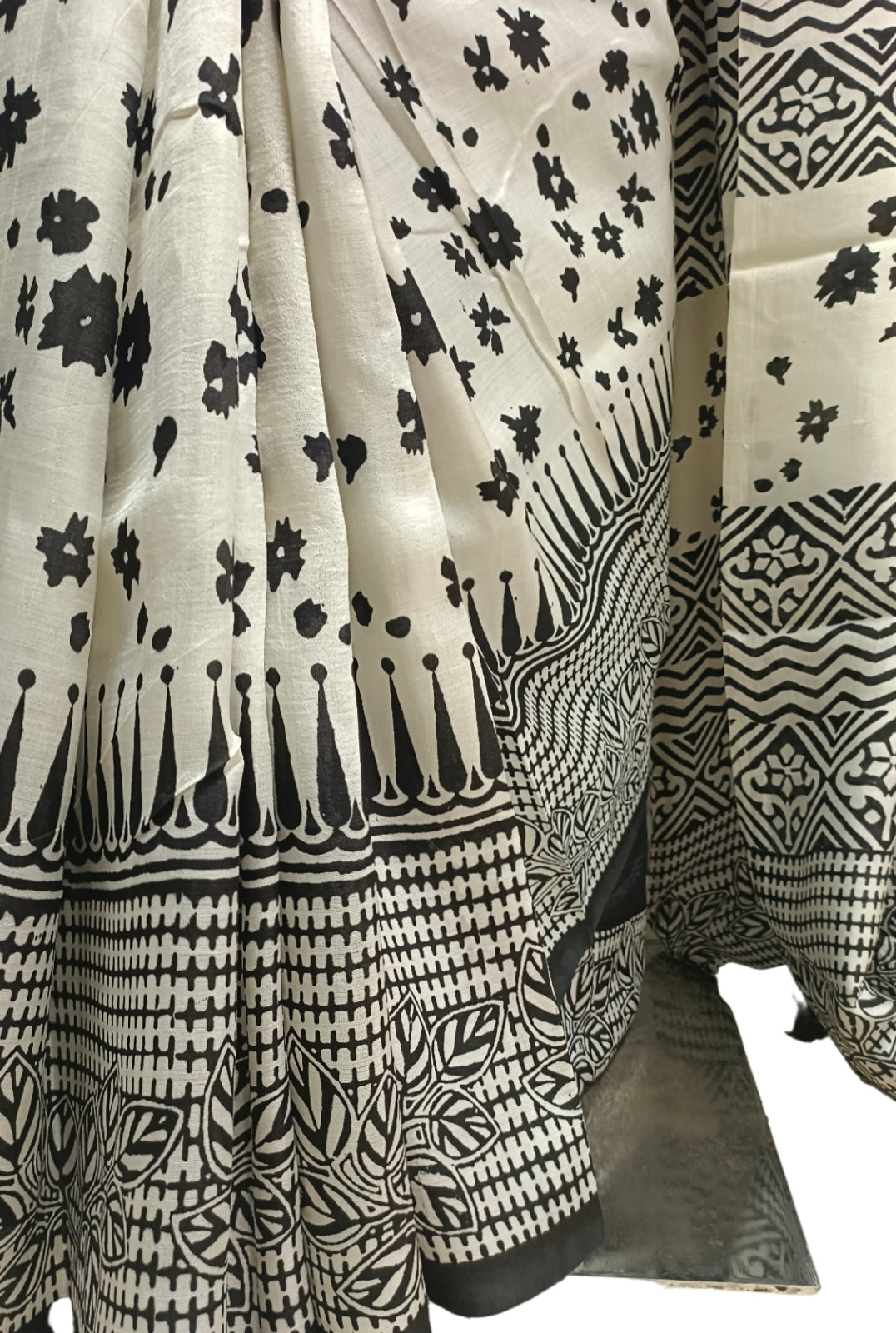 White & Black  Pure Bengal Silk With Handblock Print Saree Balaram Saha