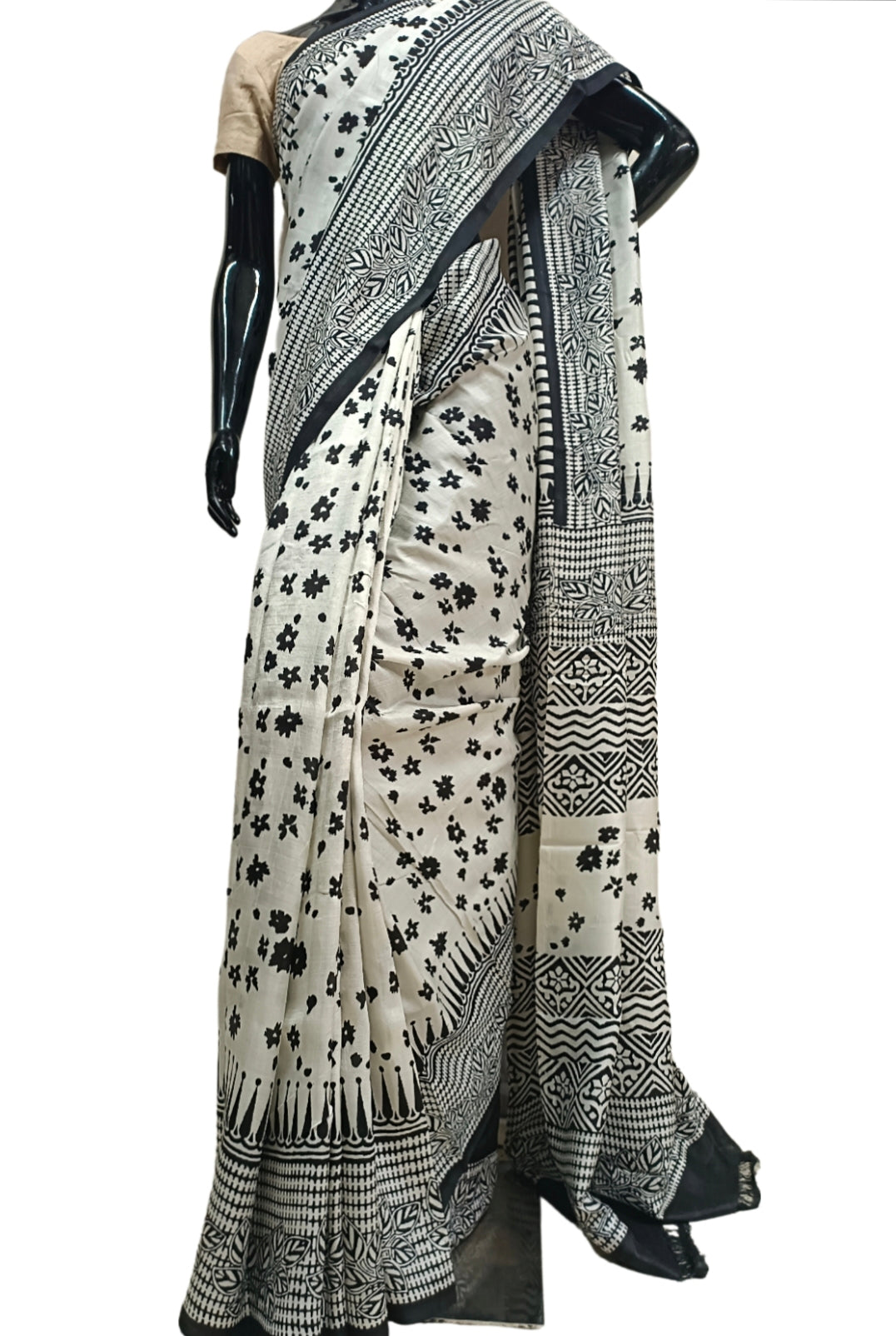 White & Black  Pure Bengal Silk With Handblock Print Saree Balaram Saha
