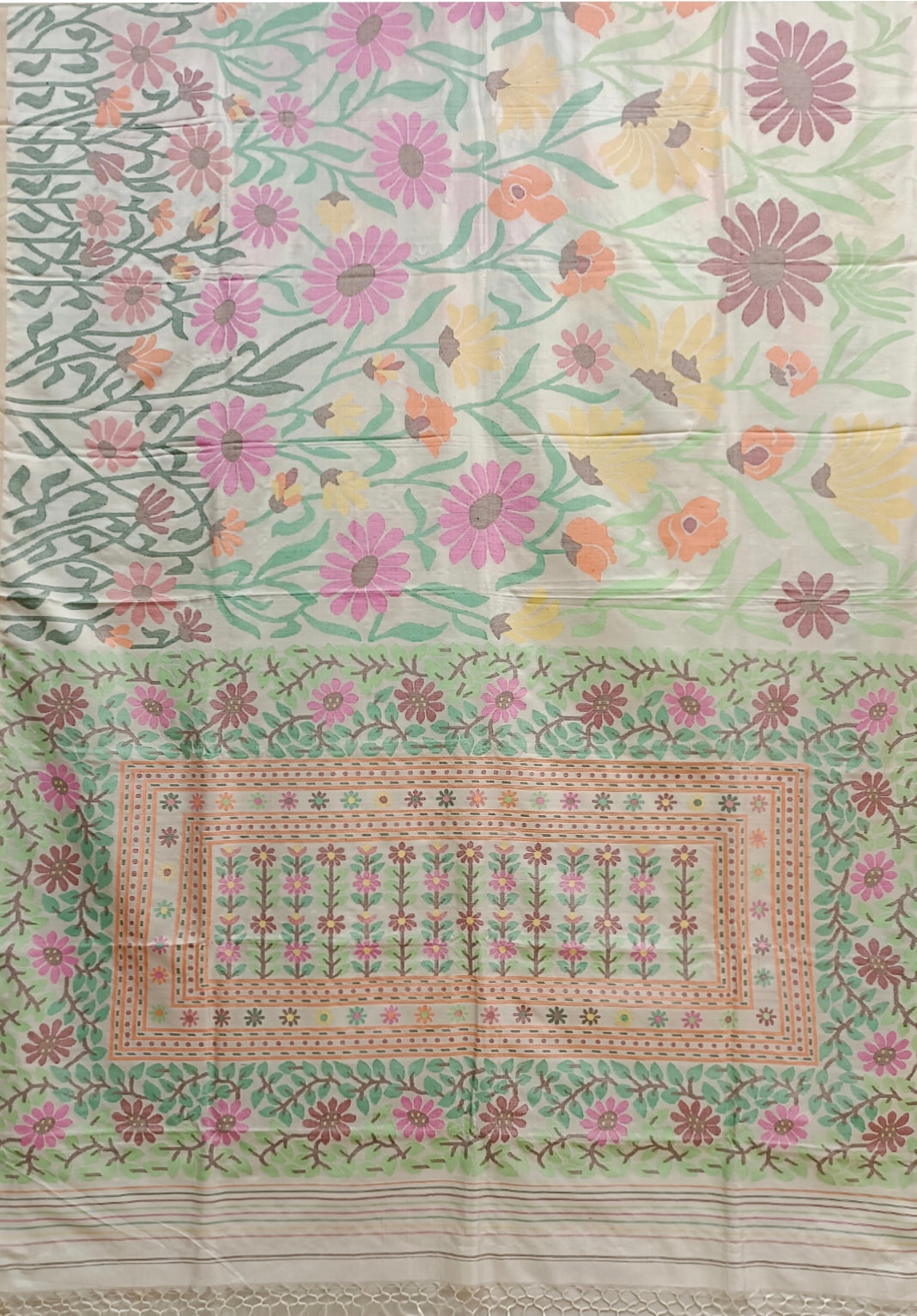 Off-White & Multi Coloured Fine Quality Katan Silk Saree Balaram Saha
