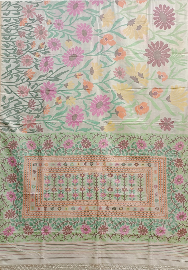 Off-White & Multi Coloured Fine Quality Katan Silk Saree Balaram Saha