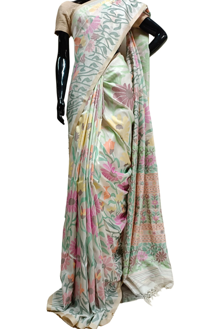 Off-White & Multi Coloured Fine Quality Katan Silk Saree Balaram Saha