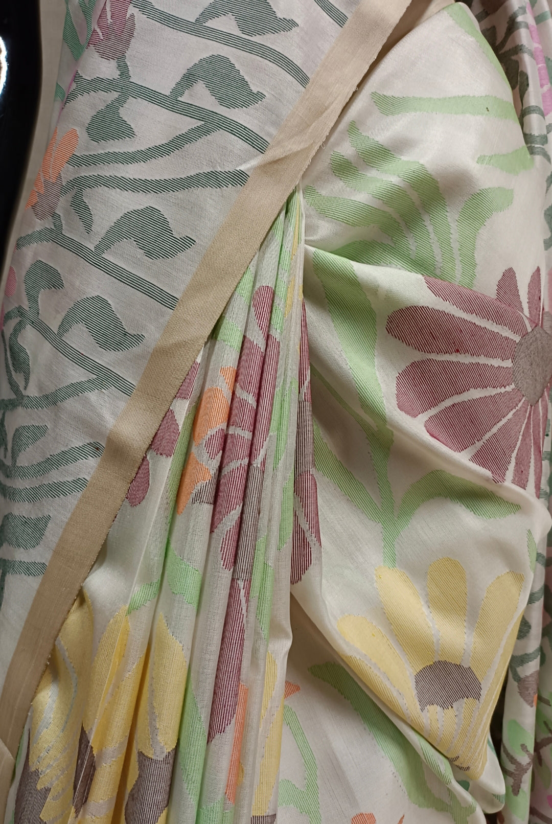 Off-White & Multi Coloured Fine Quality Katan Silk Saree Balaram Saha